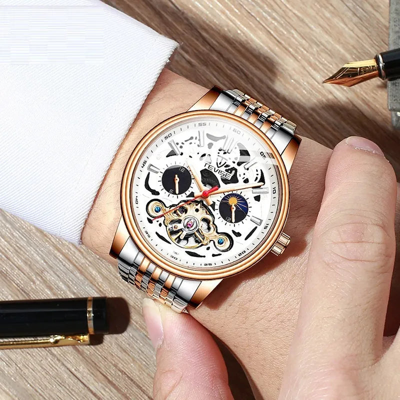 Men's tourbillon mechanical watch with luminous hands showing rose black metal variant