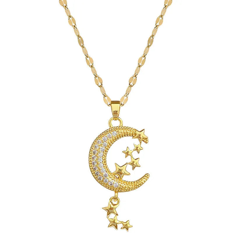 Stainless steel moon pendant necklace with geometric diamond pattern and copper accent