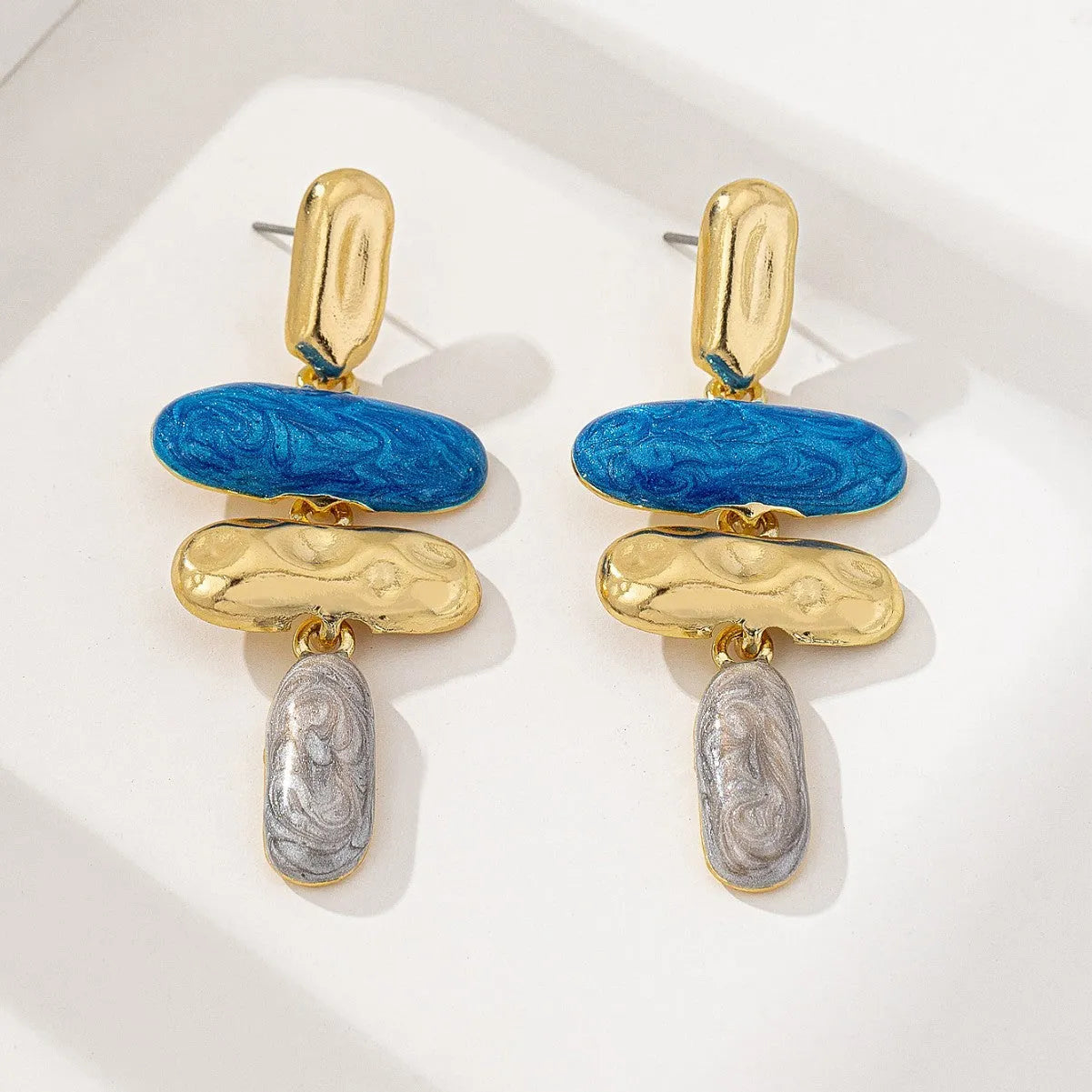 Geometric zinc alloy stud earrings with electroplated finish in multiple colour options