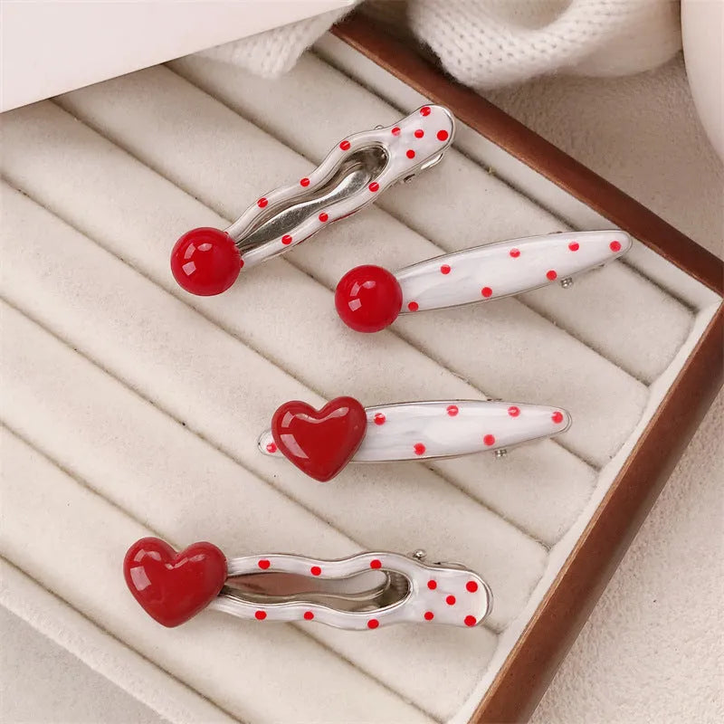Red heart-shaped hairpin with French retro dots and willow leaf clip, Korean style barrette for women