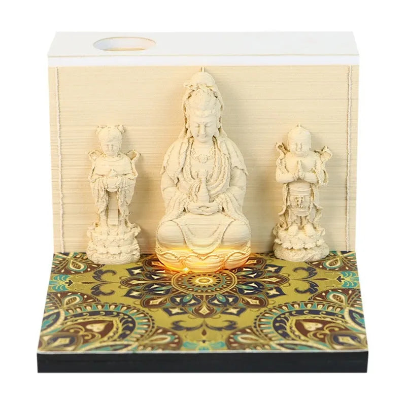 3D paper carving calendar with Guanyin Bodhisattva, Wealth Boy, Seated Lotus design, 2026 English calendar, light version, retro style, notepad