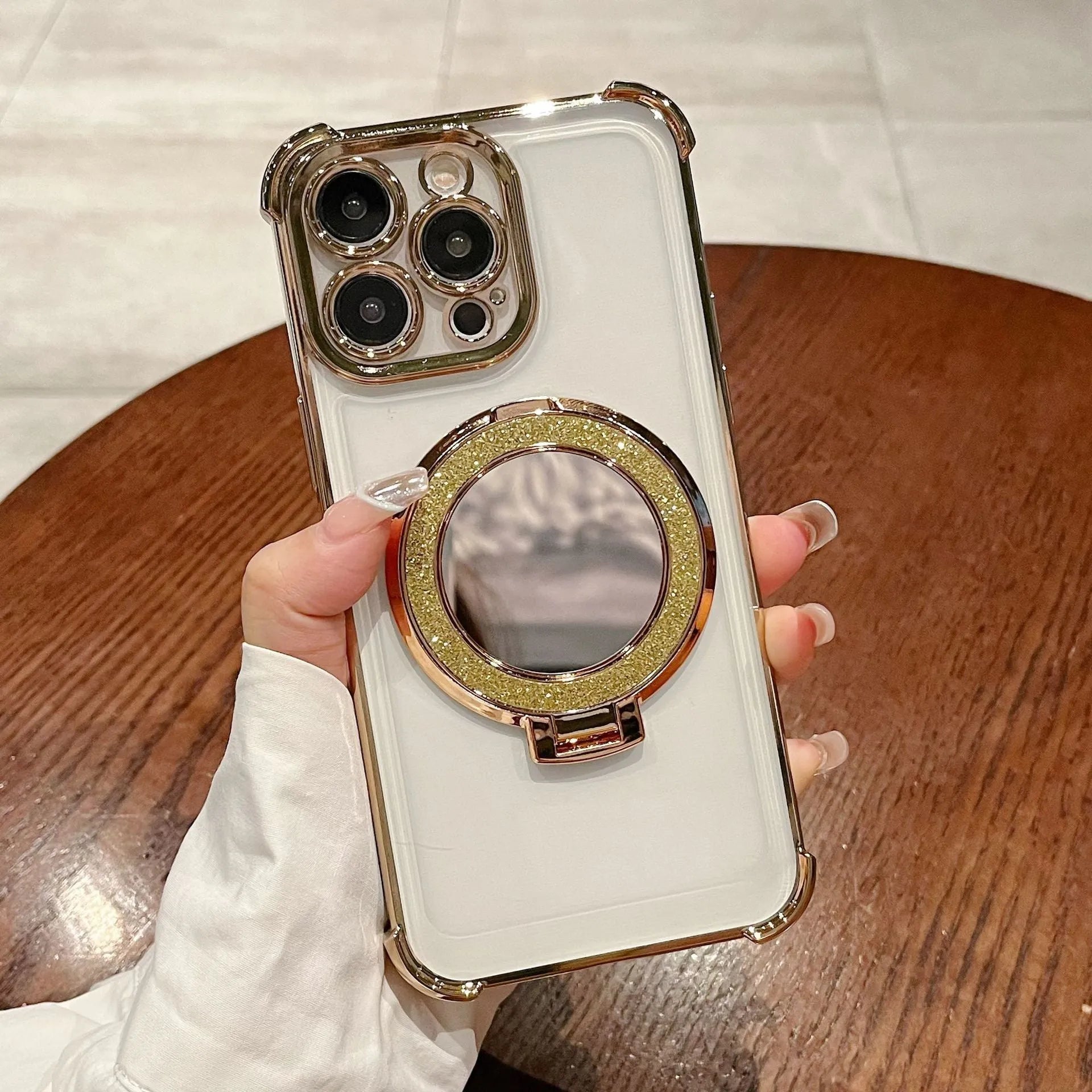 Shiny black glitter magnetic bracket phone case for iPhone with electroplated mirror finish