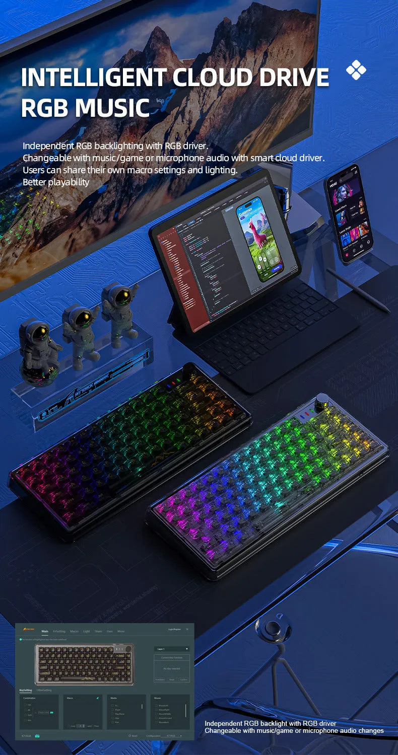 Attack Shark K75 transparent wireless mechanical keyboard with RGB lighting on black background