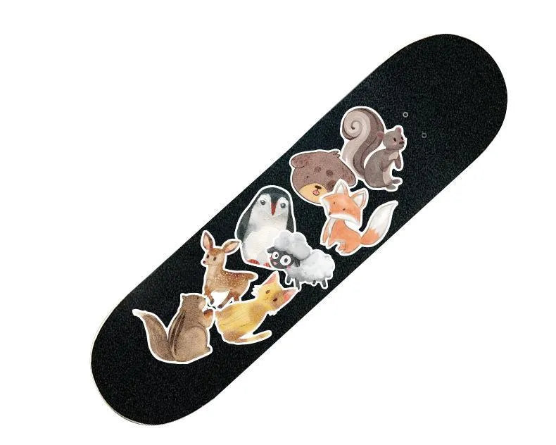Set of 36 retro-themed beach and surfing stickers in various sizes from 6cm to 10cm on a matte PVC background.