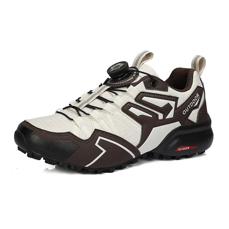 Men's beige, black, and black red lightweight hiking shoes with elastic band closure and rubber sole