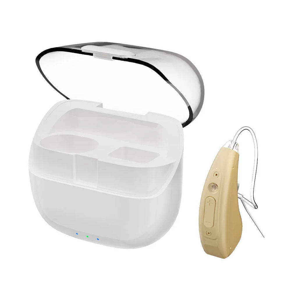 Skin colour digital hearing aid with noise reduction and Type-C charging, shown with warehouse case and cable.