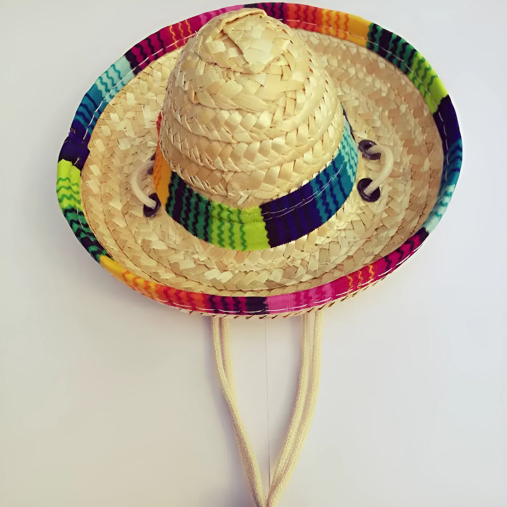 Mini straw woven pet hat for dogs and cats, Mexican-style pattern, one size 16 cm diameter, photo colour.