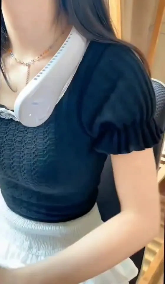 Blue USB rechargeable bladeless neck fan showing ergonomic neckband and streamlined air outlet