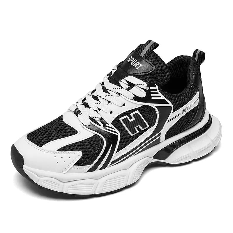 Men's black mesh running shoes with injection moulded plastic sole and round toe