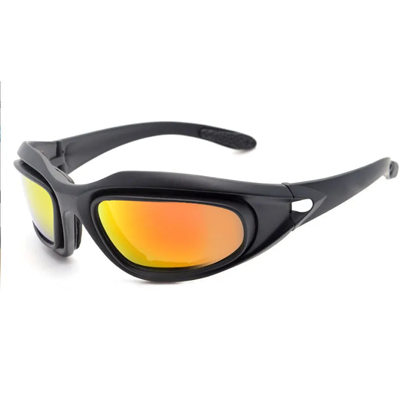 Sports sunglasses with polarized tactical lenses and a black PC full-rim frame on a grey background.