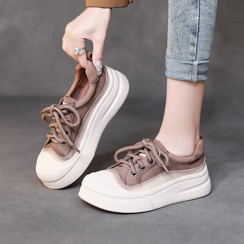 Women's lace-up casual leather shoes in yellow and cameo brown colours with round toe design
