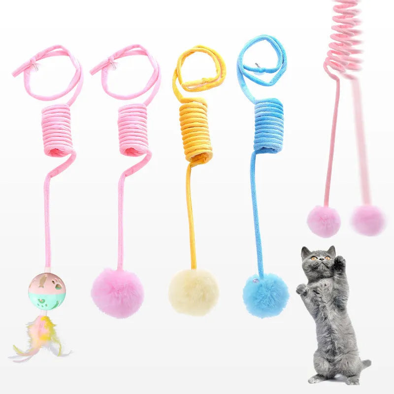 Plush cat toy with spring rabbit hair ball and bell badminton style, interactive funny cat stick for cats
