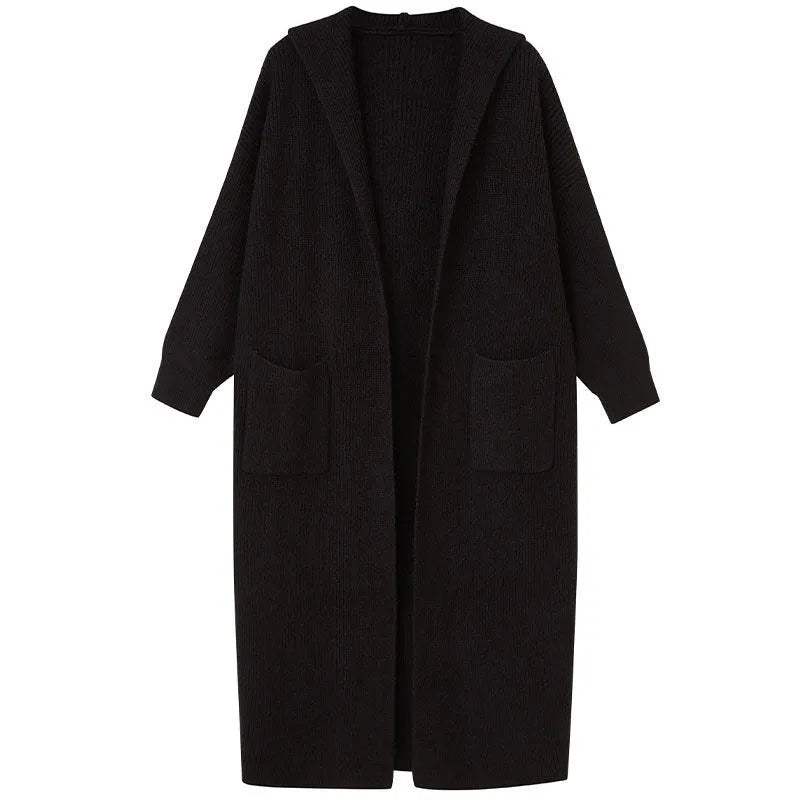 Women's long grey knitted cardigan with hood in trench coat style with regular long sleeves