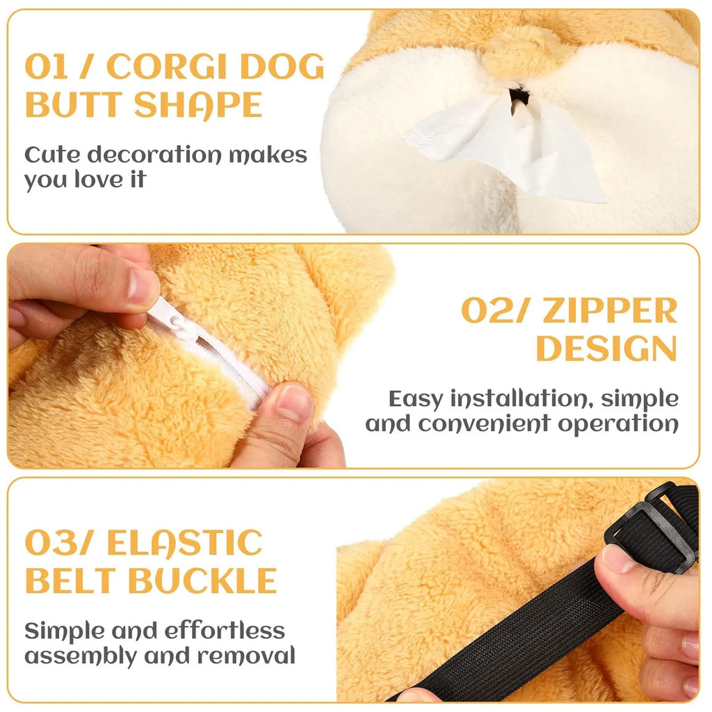 Yellow soft corgi butt shaped tissue box cover with elastic strap for hanging in car.