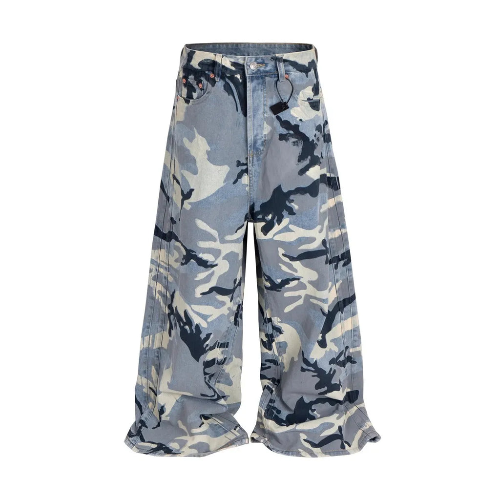 Snow camouflage blue loose fit jeans with mid-waist design and stretch denim fabric