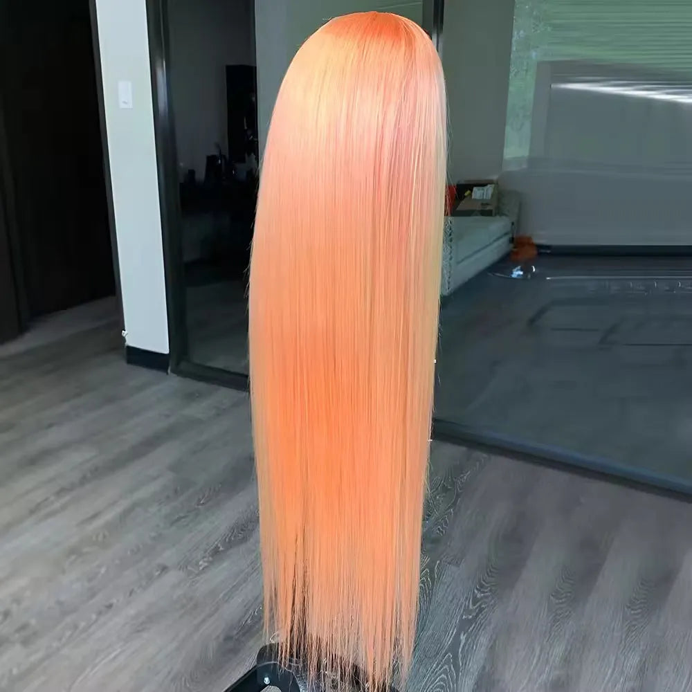 Light orange long straight synthetic wig with front lace and side bangs on a display head