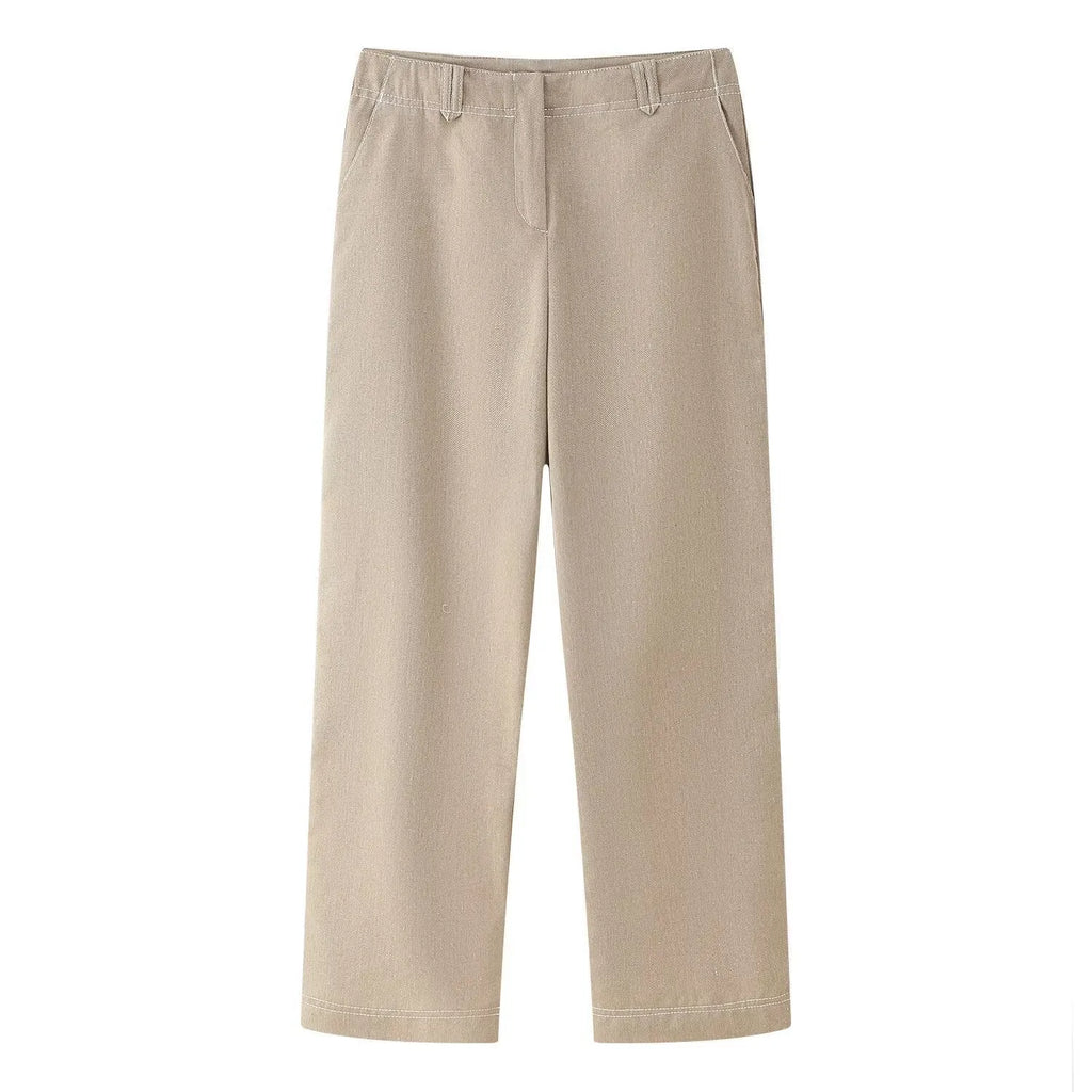 Women's herringbone pattern summer suit set with 3D embroidery and straight-leg trousers