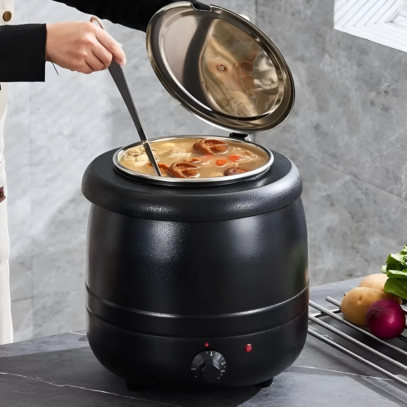 Black 10-litre stainless steel electric insulation pot with large mouth cover and plug