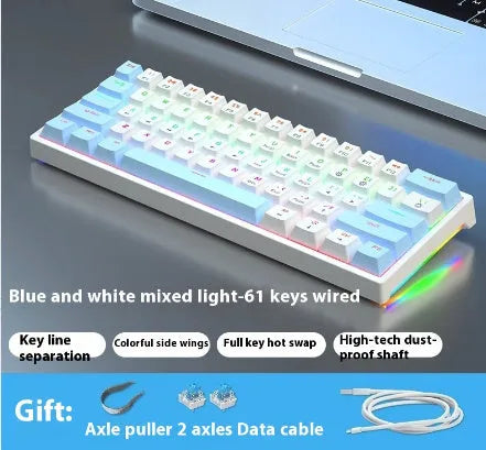 Bluish black 61-key compact mechanical keyboard with hot-swappable sockets and coloured keycaps.