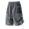 Men's loose-fit cargo shorts with plaid stitching detail in smoky grey colour.