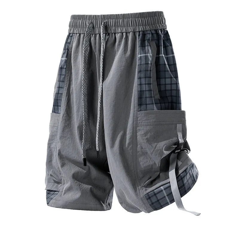 Men's loose-fit cargo shorts with plaid stitching detail in smoky grey colour.