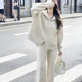 Knitted polyester zipper cardigan and wide-leg trousers two-piece set in solid colours
