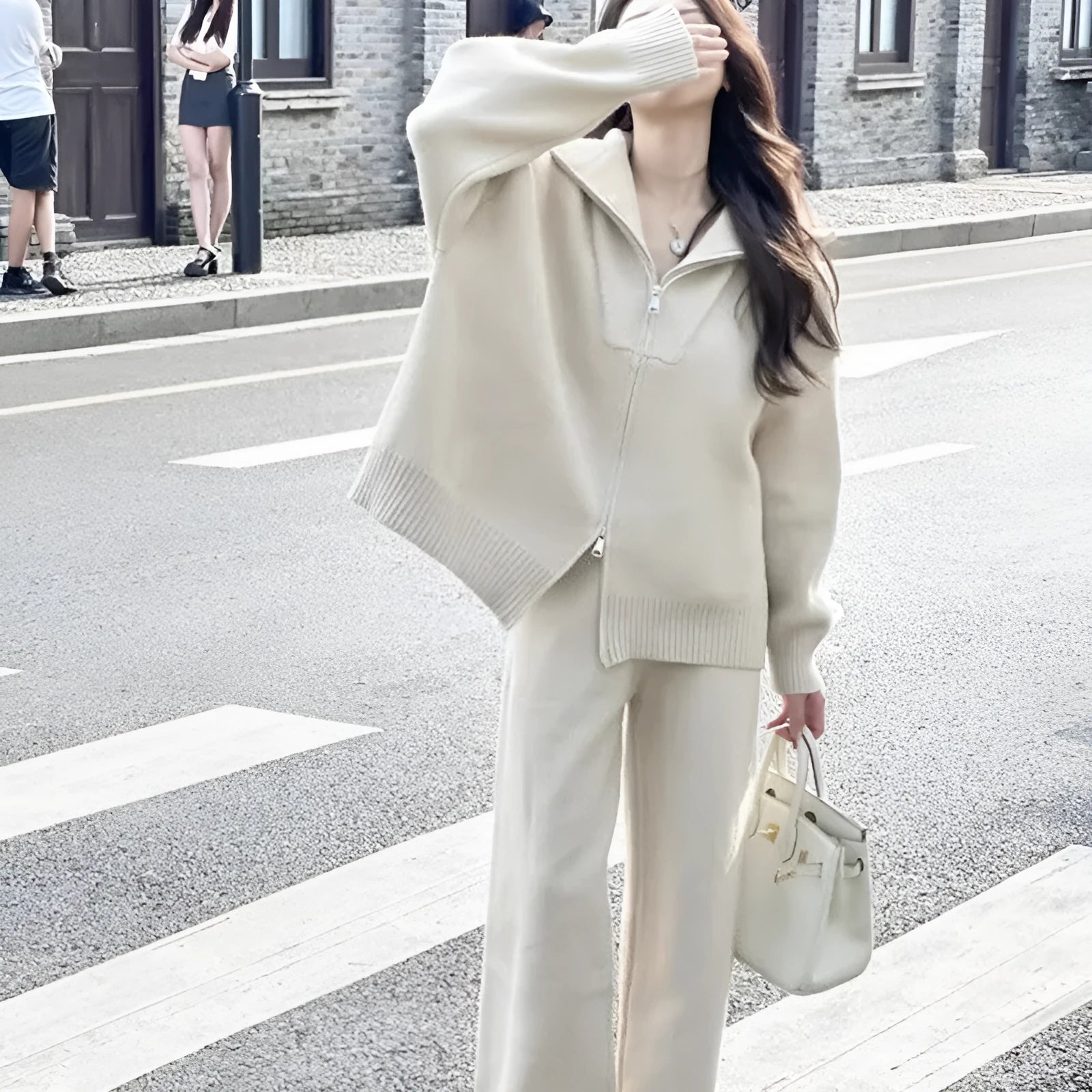 Knitted polyester zipper cardigan and wide-leg trousers two-piece set in solid colours