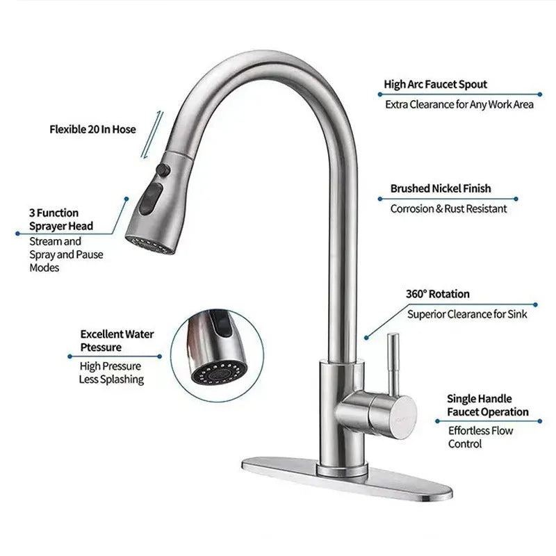Stainless steel pull-out kitchen faucet with dual-mode spray and 60cm inlet pipe, available in brushed or black finish