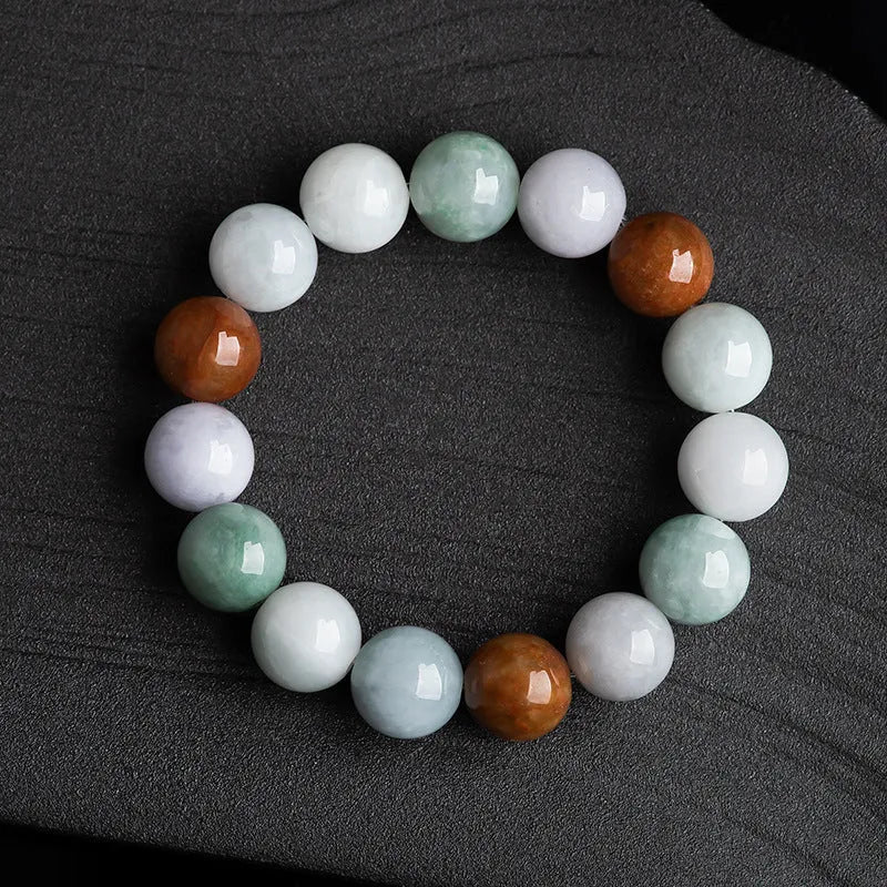 Women's natural Myanmar jade bracelet with three colours in 13mm round beads.