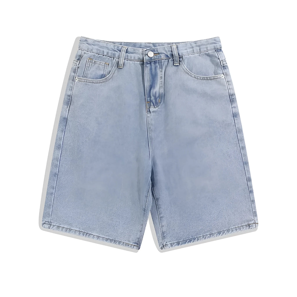 Men's straight-leg denim shorts in light blue, black, white, and gray with mid-waist zip fly design