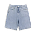 Men's straight-leg denim shorts in light blue, black, white, and gray with mid-waist zip fly design