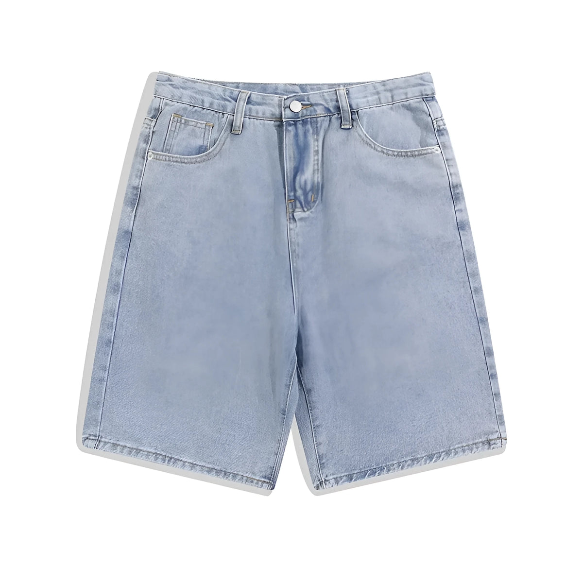 Men's straight-leg denim shorts in light blue, black, white, and gray with mid-waist zip fly design