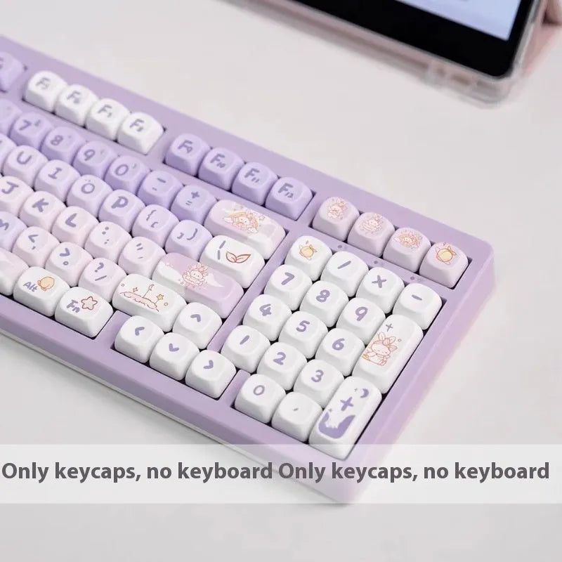 Set of PBT plastic key caps with a gradient purple and white rabbit character design for mechanical keyboards.