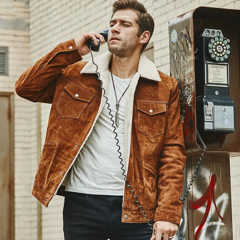 Men's brown genuine pigskin leather cotton padded jacket with lapel collar