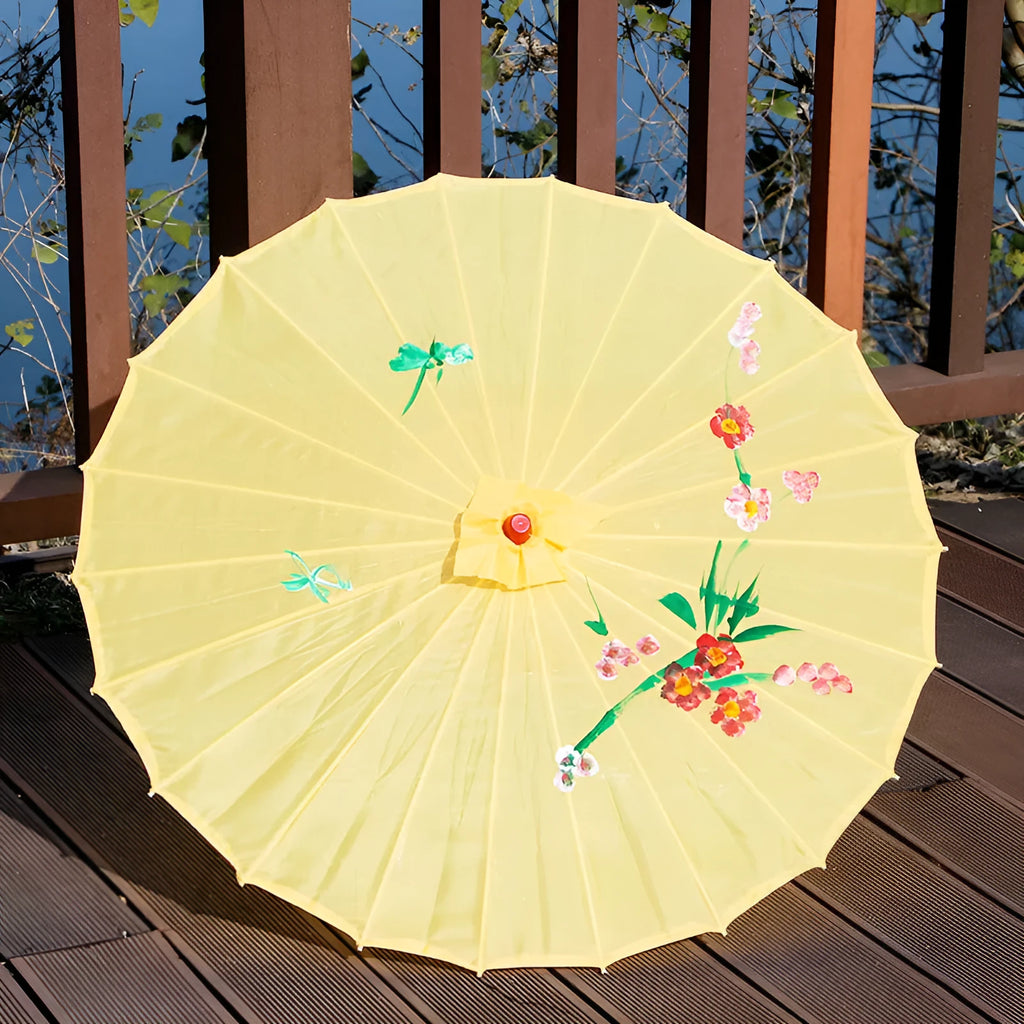 Handmade Chinese-style silk dance umbrella with wooden pole, available in ten colours and four diameters.