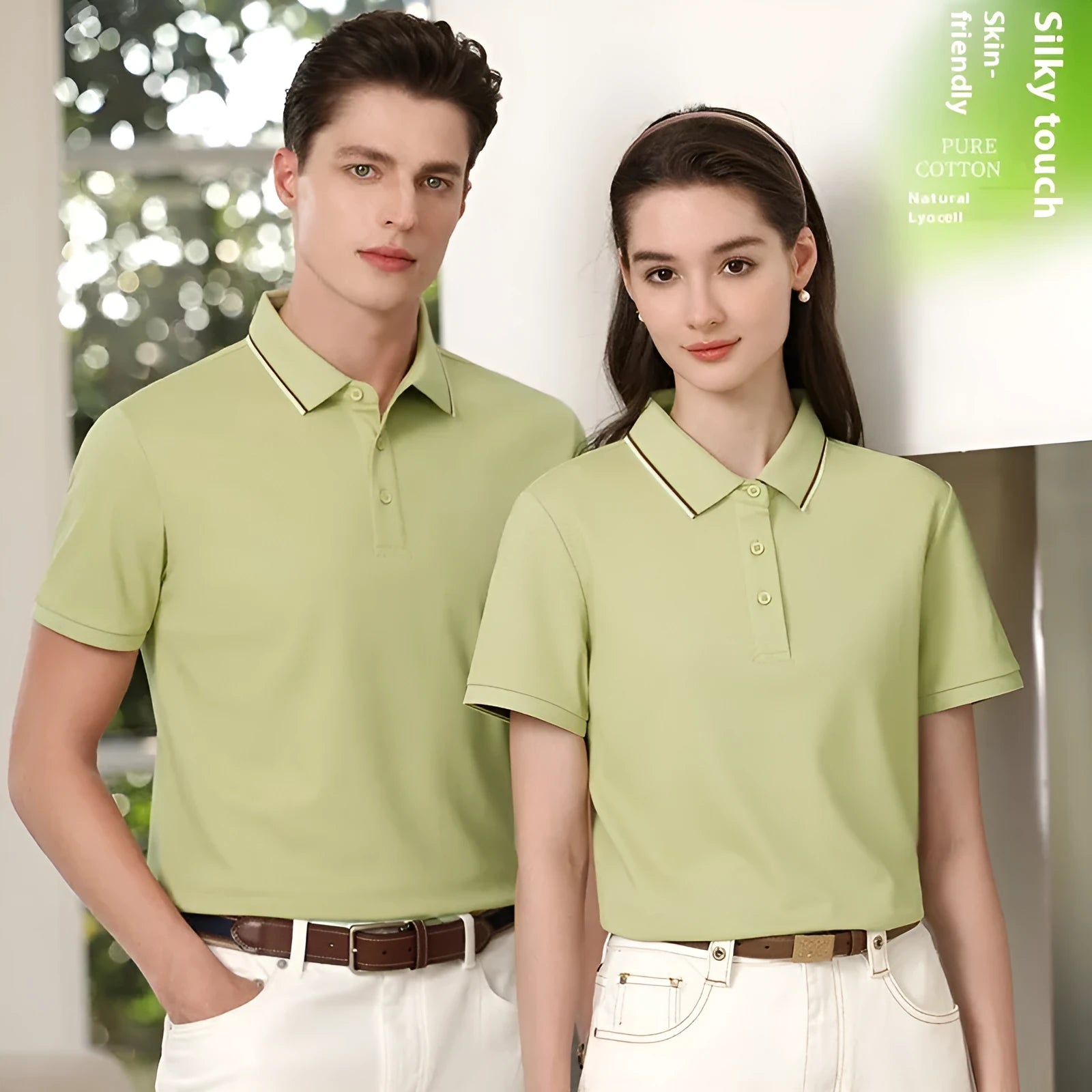 7A antibacterial mercerised cotton sequined polo shirt in white, front view on model