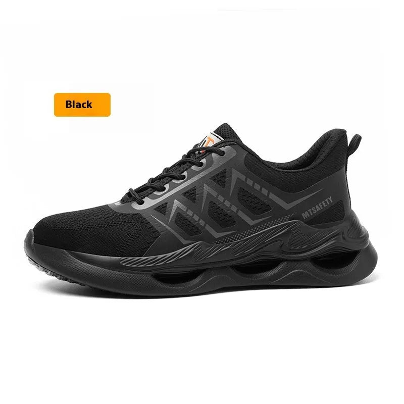 Black lightweight breathable steel toe cap labour protection safety shoes on a white background