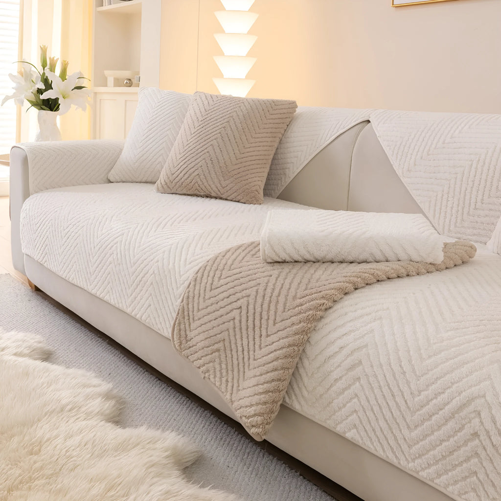Solid colour plush sofa cover cloth in white khaki or grey, sizes 70x70cm to 110x240cm with matching pillowcase option