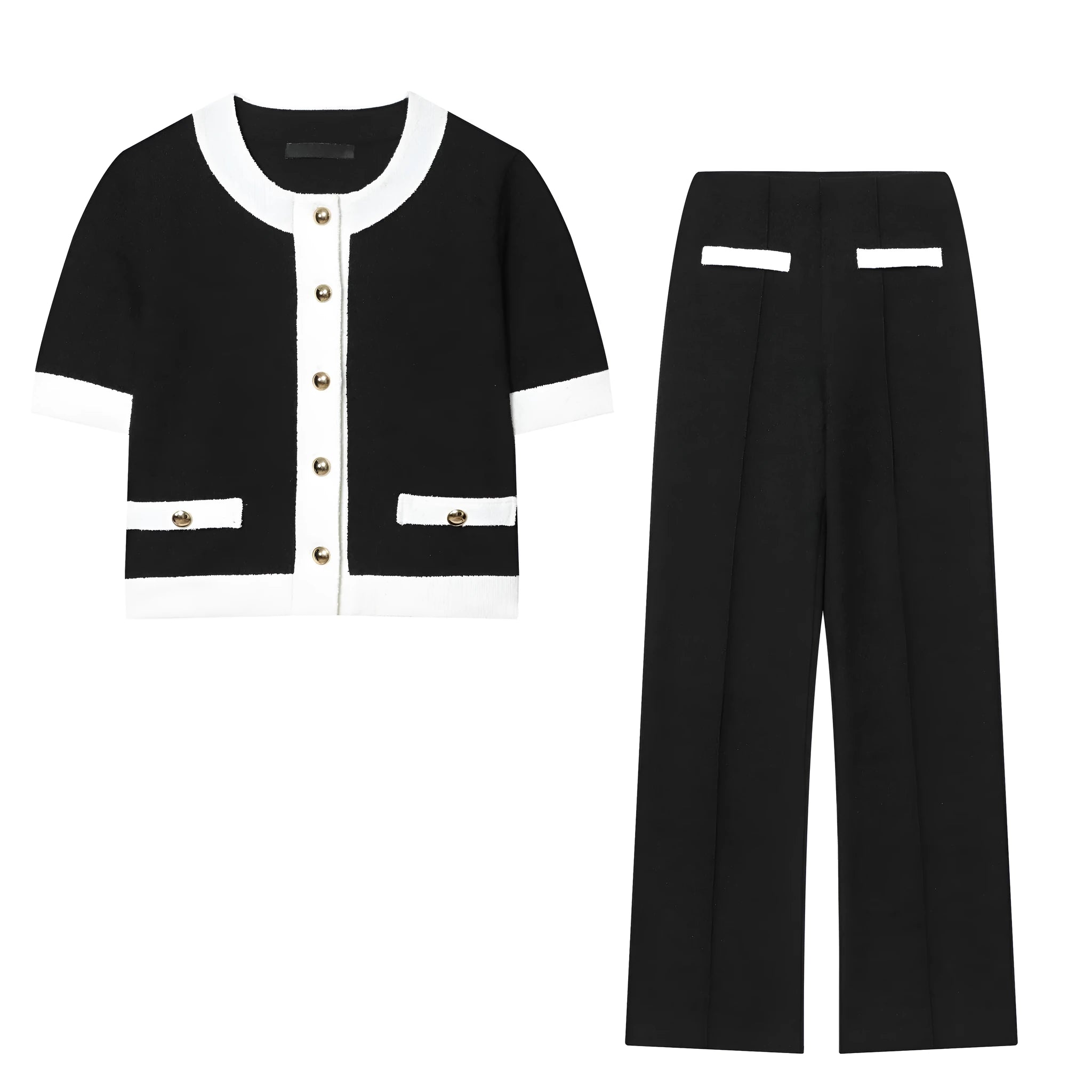 Women's polyester two-piece suit set with beaded top and high-waisted trousers in street fashion style
