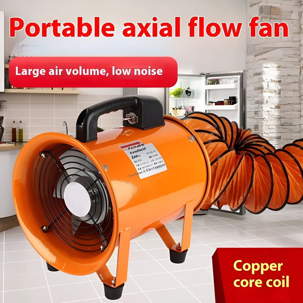 Industrial axial flow fan with titanium steel housing and seven blades for ventilation.