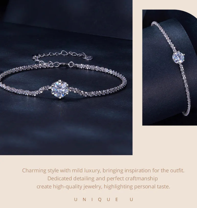 925 silver bracelet with round 1 Karat stone in six-claw setting, electroplated finish, simple style