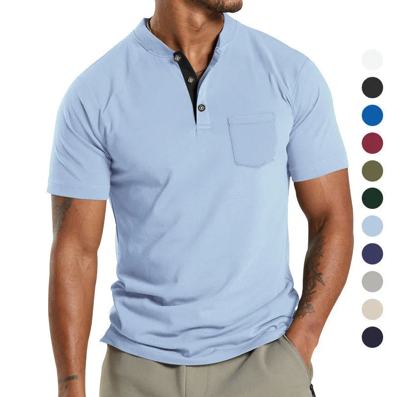 Men's plus size short sleeve solid colour shirt with a button chest pocket on a hanger.