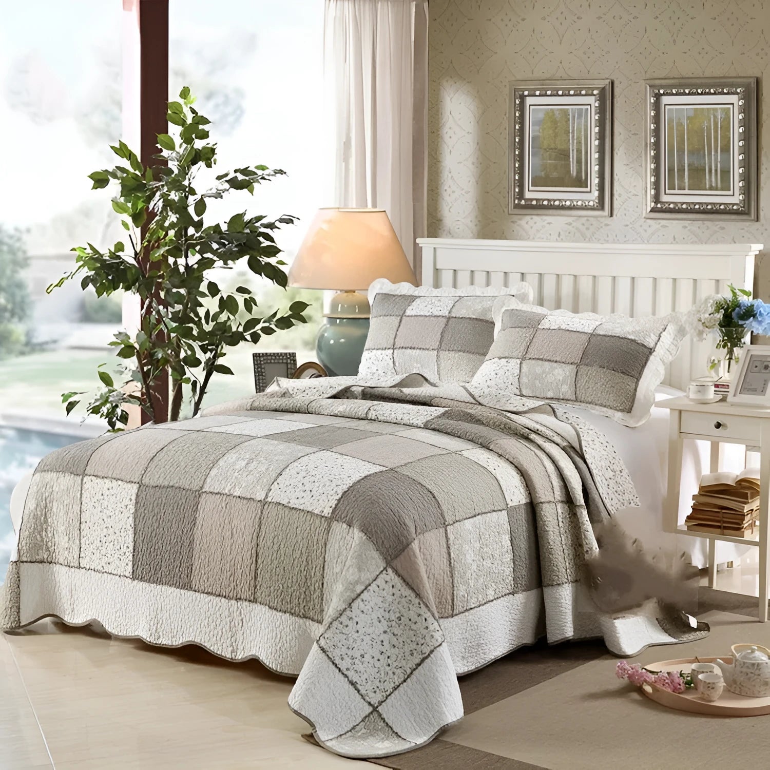 Pure cotton quilted bedspread three-piece set showing bed cover and pillowcases