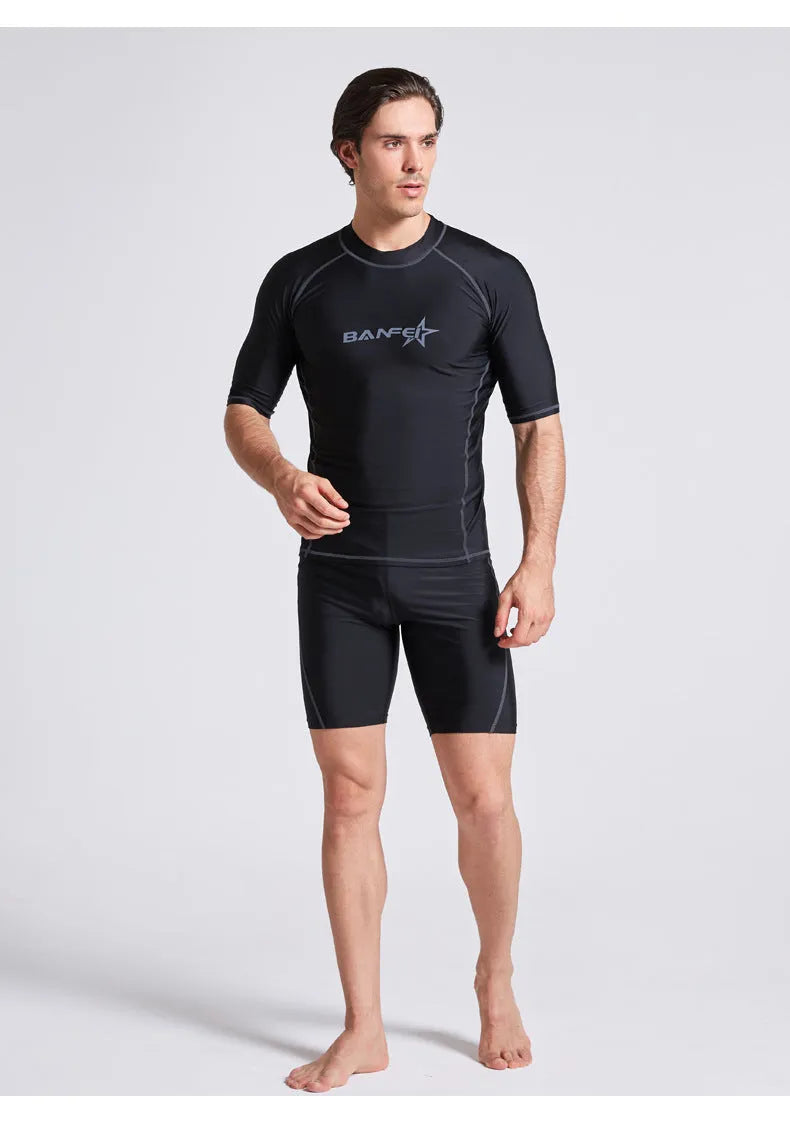 Men's quick-drying half sleeve swimsuit set in nylon fabric with matching swim pants