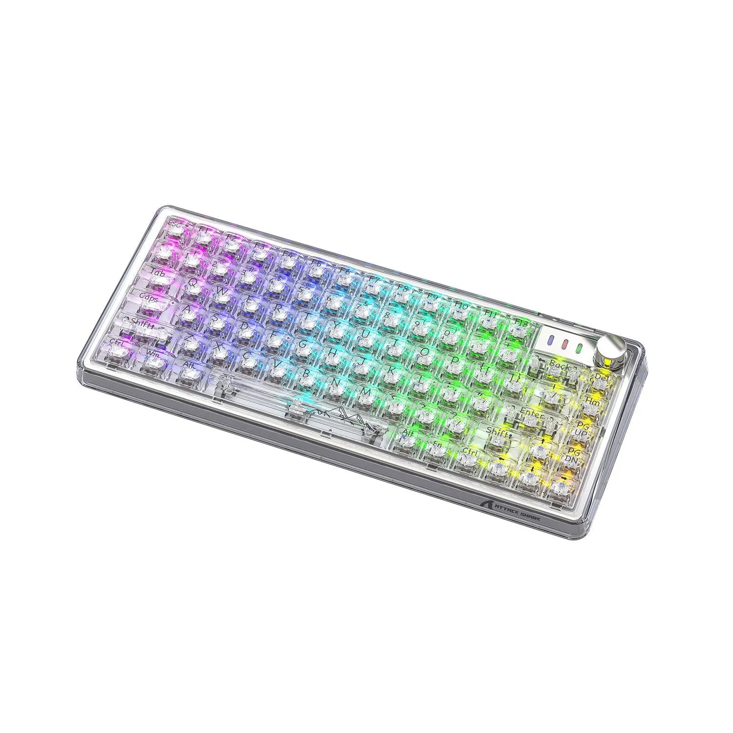 Attack Shark K75 transparent wireless mechanical keyboard with RGB lighting on black background