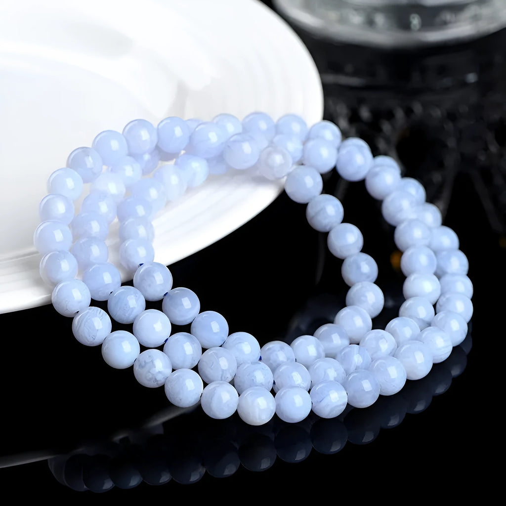Blue agate beaded bracelet with three-circle design and natural striped patterns on 6-6.8mm stones