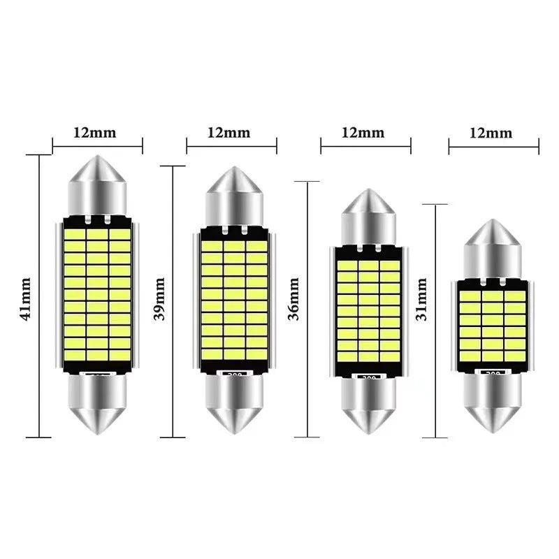 White aluminium double tip car interior roof light shown in four available size options.