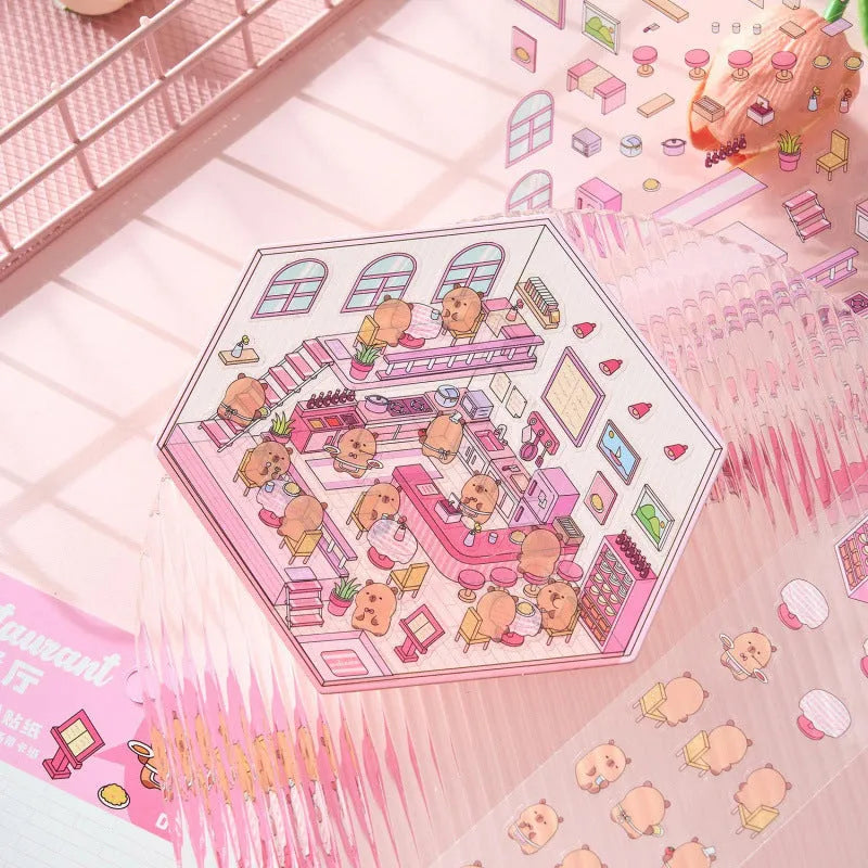 Capabala cartoon landscape 3D sticker sheet showing pre-cut self-adhesive shop scenes.