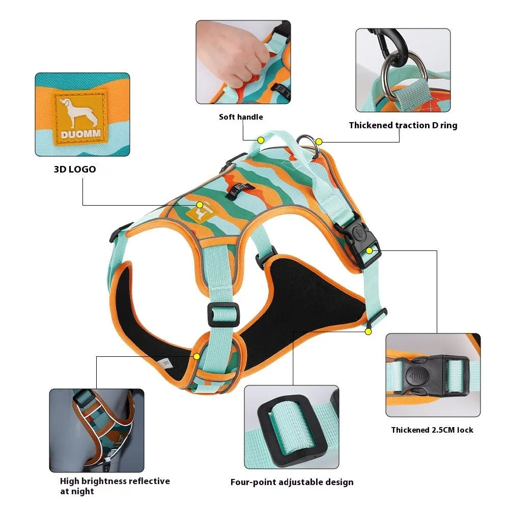 Orange reflective dog commuter rope with chest and back harness and hand-holding lead on a grey background