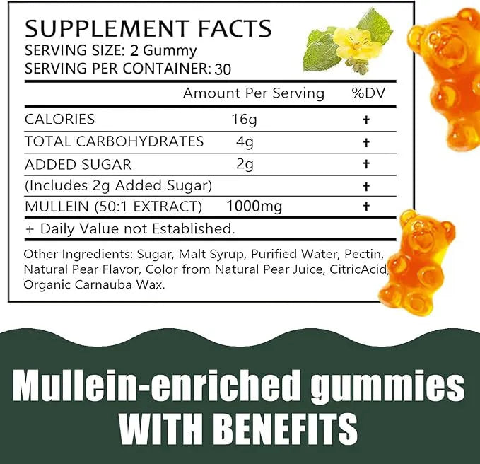 Mullein gummy 60 count bottle with pear-flavoured vegan pectin gummies for respiratory support